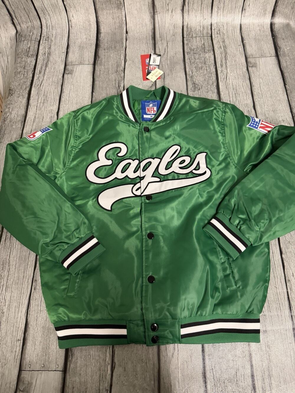 NWT Men’s Ultra Game Philadelphia Eagles Satin Bomber Jacket Kelly Green Sz Med